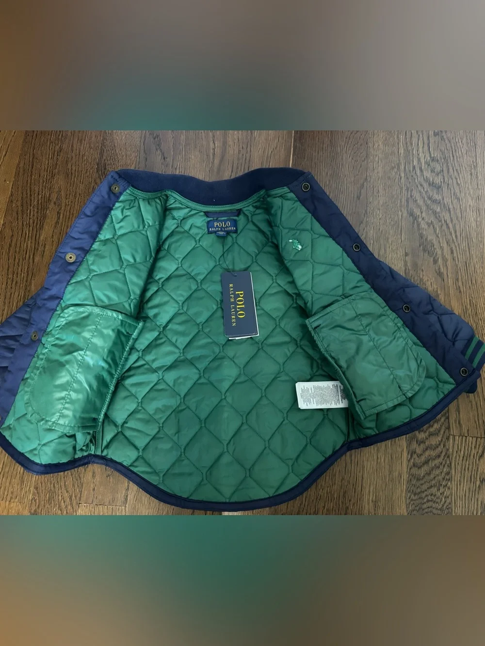 Ralph Lauren Navy Quilted Puffer Jacket with Green Trim